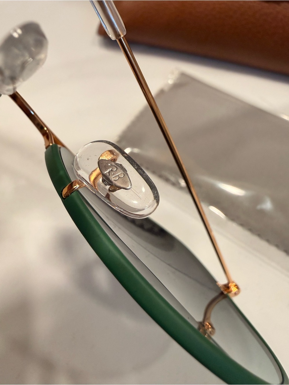 Ray-Ban Gold Frame Aviators with Green Trim and Dark Lenses - Picture 9 of 9